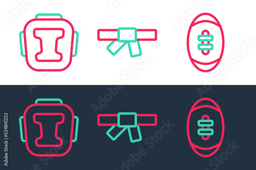 Set line American Football ball, Boxing helmet and Black karate belt icon. Vector