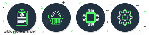 Set line Shopping basket, Processor with CPU, Clinical record and Cogwheel gear settings icon. Vector