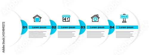 Set line Hanging sign with Sale, House shield, Market store and Garage icon. Vector