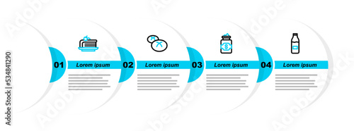 Set line Bottle with milk, Jar of sugar, Bread loaf and Piece cake icon. Vector