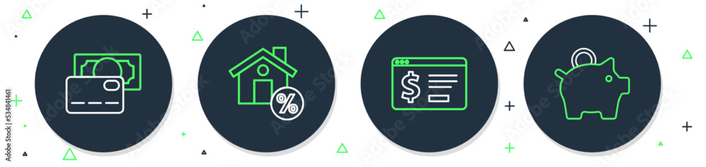 Set line House with percant discount, Online banking dollar, Credit card and Piggy icon. Vector Set line House with percant discount, Online banking dollar, Credit card and Piggy icon. Vector
