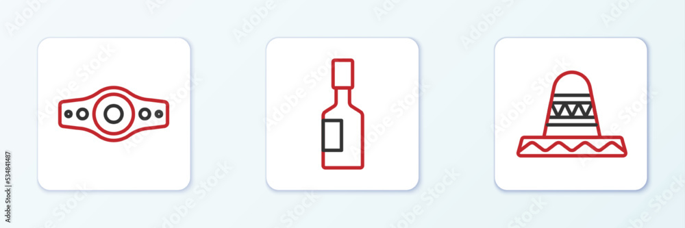Set line Mexican sombrero, Wrestling championship belt and Tabasco sauce icon. Vector Set line Mexican sombrero, Wrestling championship belt and Tabasco sauce icon. Vector