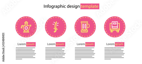 Set line Medieval goblet, Holy book of Koran, Arabian saber and Islamic teapot icon. Vector