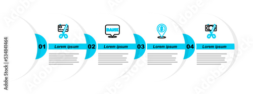 Set line Scissors cutting money, Cash location, Bank building and credit card icon. Vector