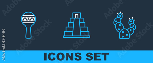 Set line Cactus, Maracas and Chichen Itza in Mayan icon. Vector