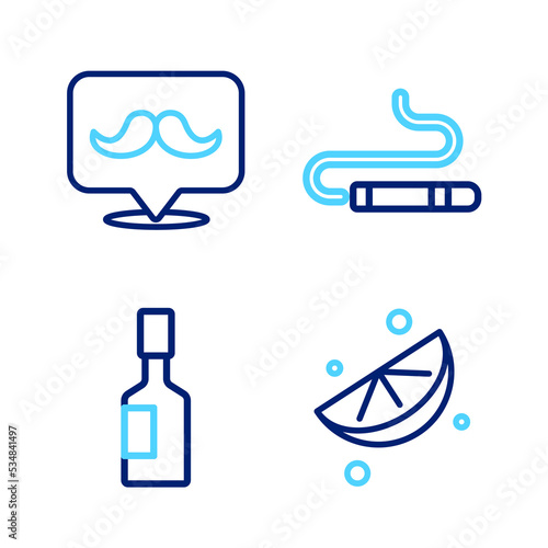 Set line Sliced lime, Tabasco sauce, Cigar and Mustache icon. Vector