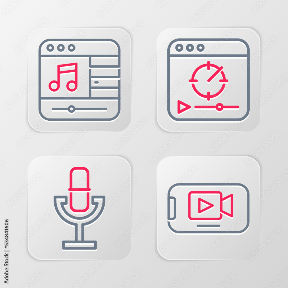 Set line Online play video, Microphone, and Music player icon. Vector Set line Online play video, Microphone, and Music player icon. Vector