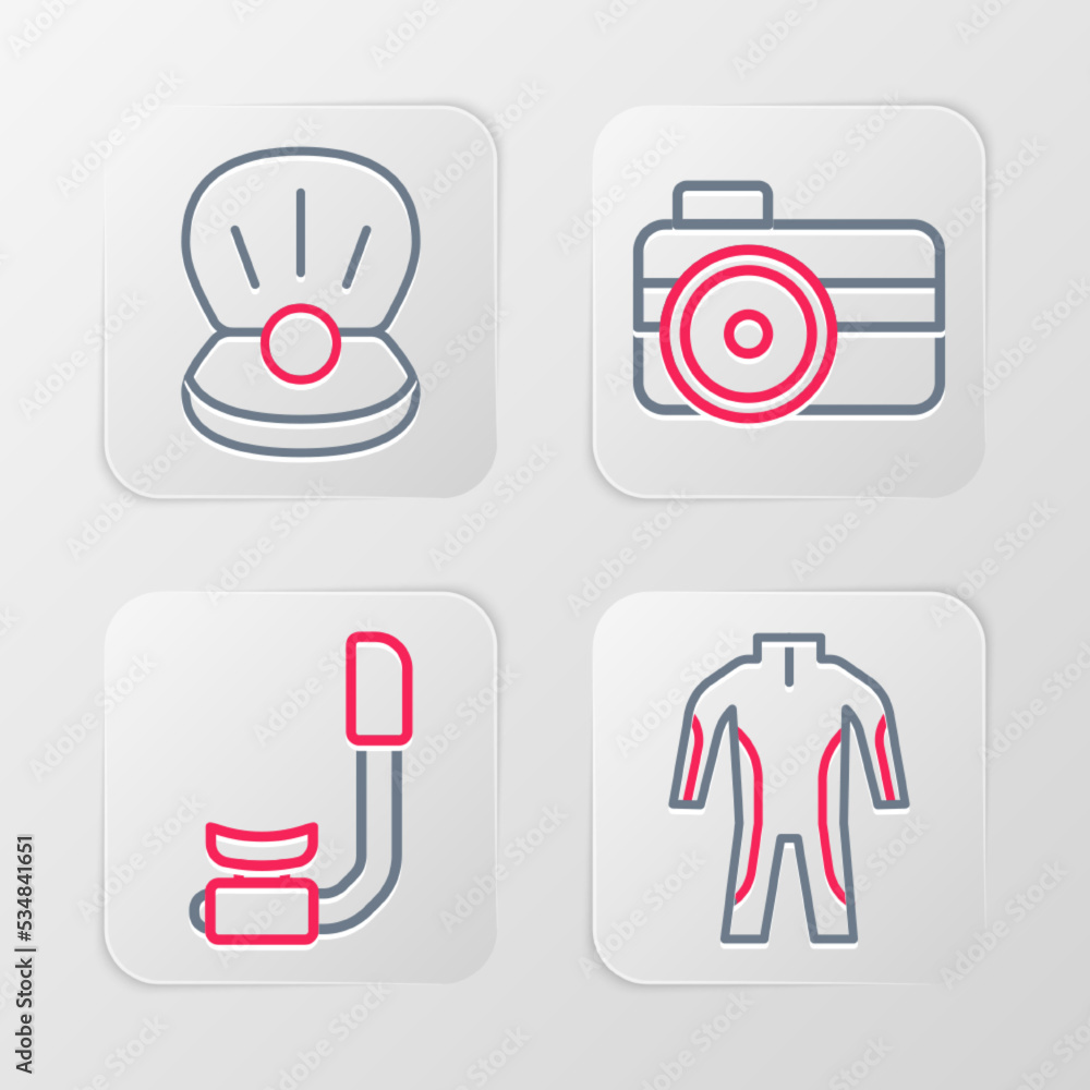 Set line Wetsuit for scuba diving, Snorkel, Photo camera diver and Pearl icon. Vector Set line Wetsuit for scuba diving, Snorkel, Photo camera diver and Pearl icon. Vector