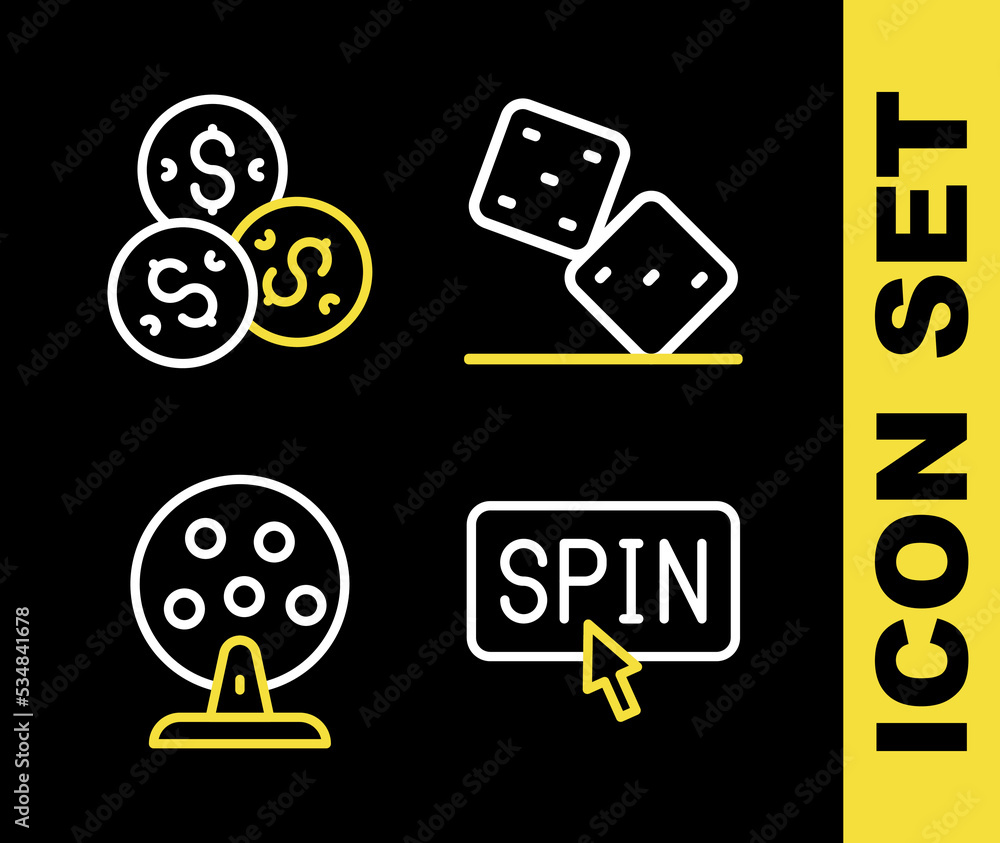 Set line Game dice, Winner holding prize ticket, Lottery machine and Casino chip with dollar icon. Vector