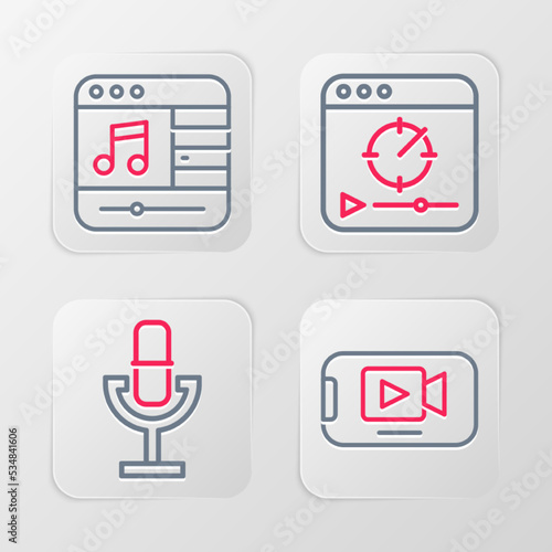 Set line Online play video, Microphone, and Music player icon. Vector