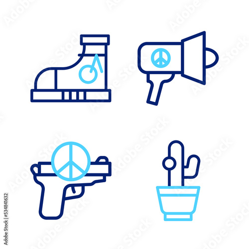 Set line Cactus, No war, Megaphone and Sneakers icon. Vector