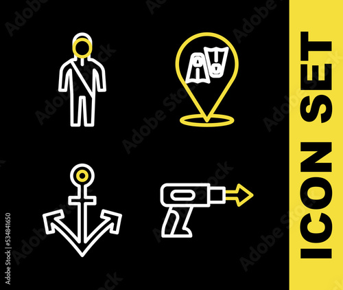 Set line Flippers for swimming  Fishing harpoon  Anchor and Wetsuit scuba diving icon. Vector