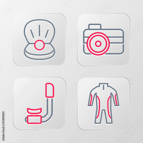 Set line Wetsuit for scuba diving, Snorkel, Photo camera diver and Pearl icon. Vector