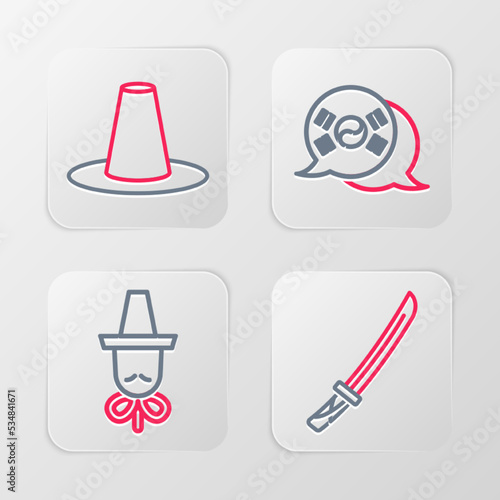 Set line Katana, Korean hat, South flag and icon. Vector