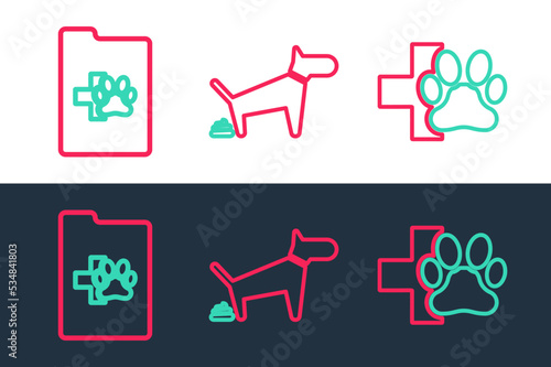 Set line Veterinary clinic, Clinical record pet and Dog pooping icon. Vector