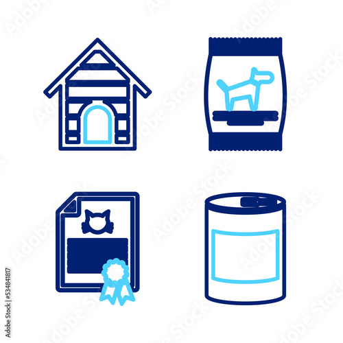 Set line Canned food, Certificate for dog or cat, Bag of and Dog house icon. Vector