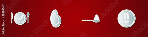 Set Served fish on a plate, Mussel, Caviar spoon and Octopus icon. Vector