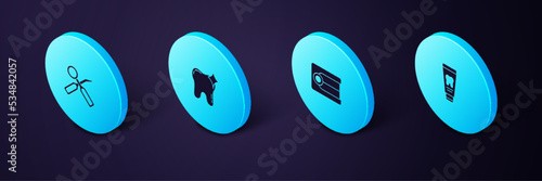 Set Isometric Tube of toothpaste, Dentures model, Tooth whitening and Dental inspection mirror icon. Vector