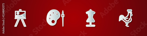 Set Easel or painting art boards, Paint brush with palette, Mannequin and French rooster icon. Vector