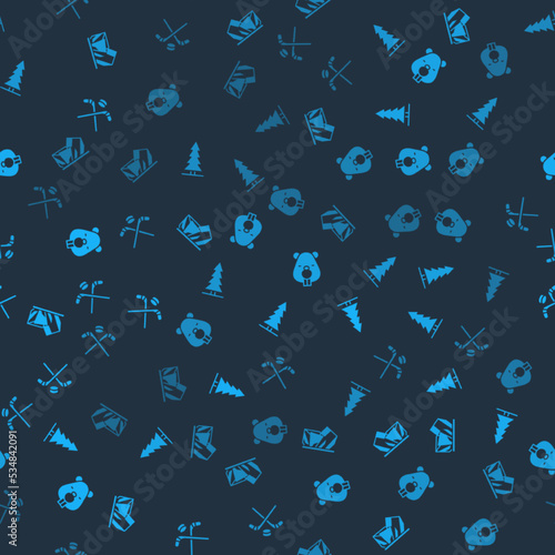 Set Royal Ontario museum, Canadian spruce, Beaver animal and Ice hockey sticks and puck on seamless pattern. Vector