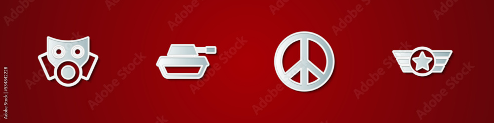 Set Gas mask, Military tank, Peace and Star American military icon. Vector Set Gas mask, Military tank, Peace and Star American military icon. Vector