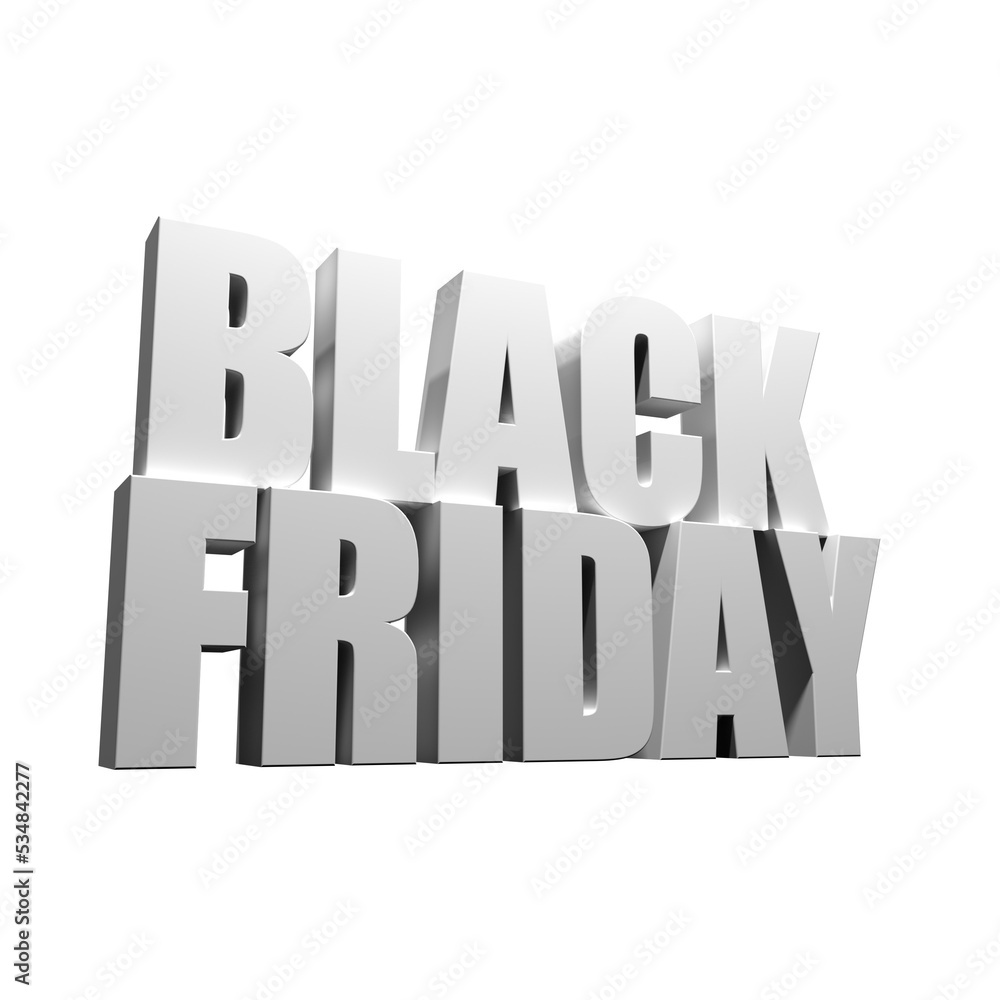 Black Friday 3D Lettering. Letter without background. Sign for social networks. Black friday announcement. Illustartion. 3d render of a year sign on white background