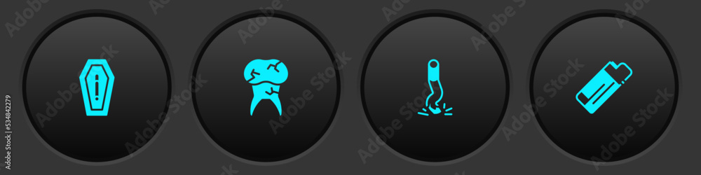 Set Death from smoking, Tooth with caries, Cigarette butt and Lighter icon. Vector Set Death from smoking, Tooth with caries, Cigarette butt and Lighter icon. Vector