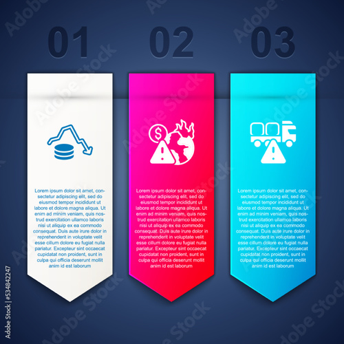 Set Dollar rate decrease, Global economic crisis and Stop delivery cargo truck. Business infographic template. Vector