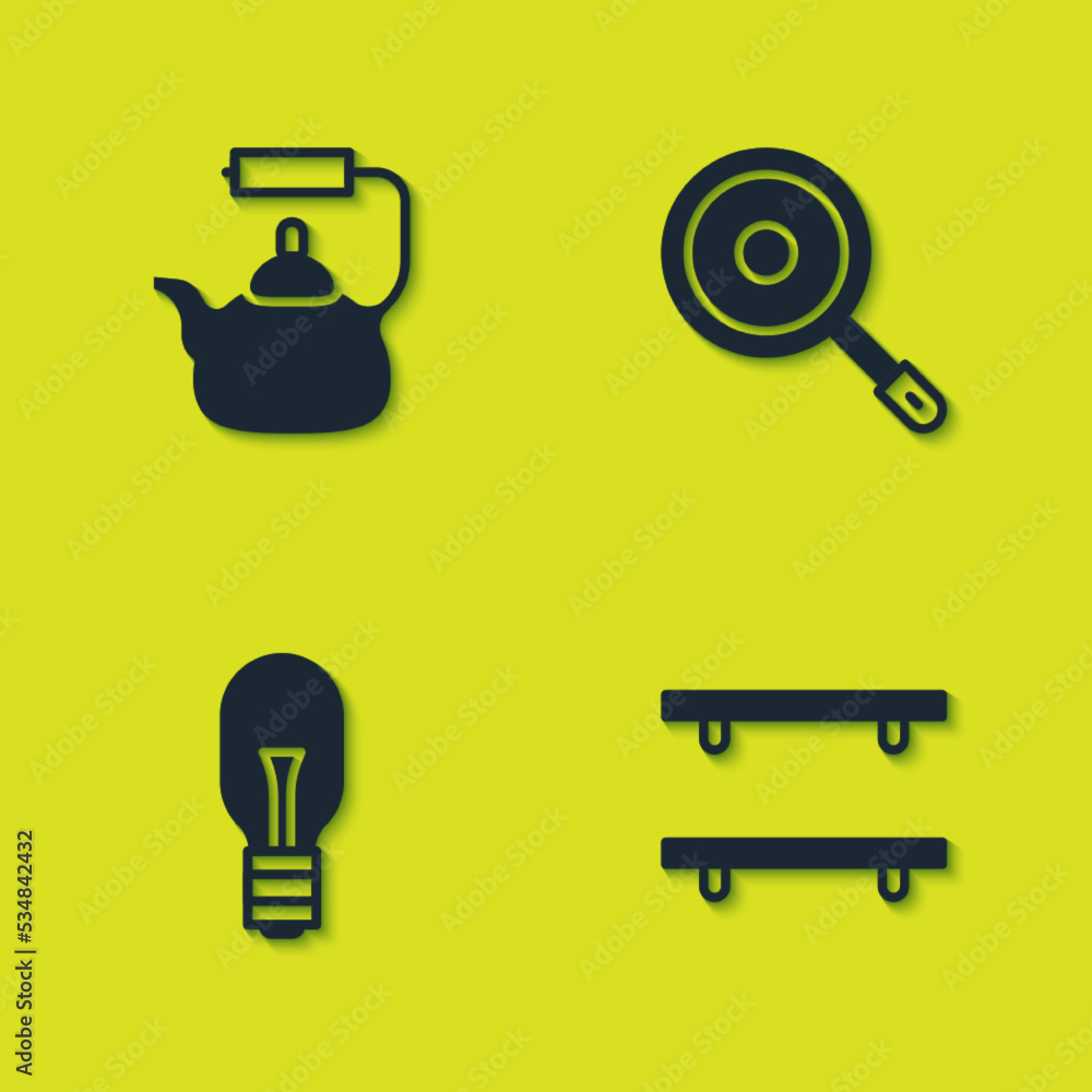 Set Kettle with handle, Empty wooden shelves, Light bulb and Frying pan icon. Vector Set Kettle with handle, Empty wooden shelves, Light bulb and Frying pan icon. Vector