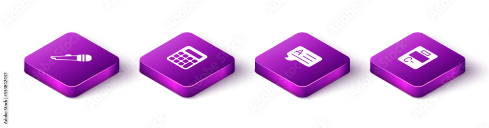 Set Isometric Microphone, Calculator, Speech bubbles with Answer and Exam paper incorrect answers icon. Vector Set Isometric Microphone, Calculator, Speech bubbles with Answer and Exam paper incorrect answers icon. Vector
