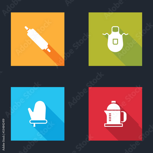 Set Rolling pin, Kitchen apron, Oven glove and French press icon. Vector