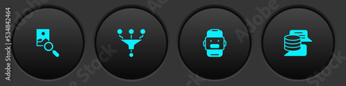 Set Photo retouching, Funnel or filter, Chat bot and Server, Data icon. Vector