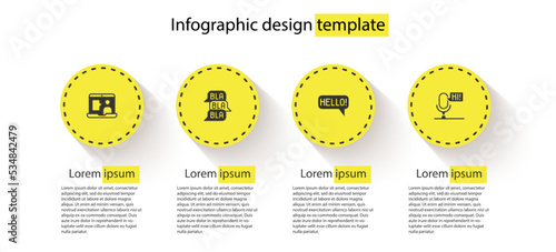 Set Foreign language online study, Speech bubble chat, Hello different languages and Microphone voice device. Business infographic template. Vector
