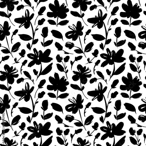 Anemones and peonies seamless pattern. Hand drawn abstract wild flowers ornament. Black and white ink brush texture with bold blossoms. Botanical black ink seamless pattern with floral motif