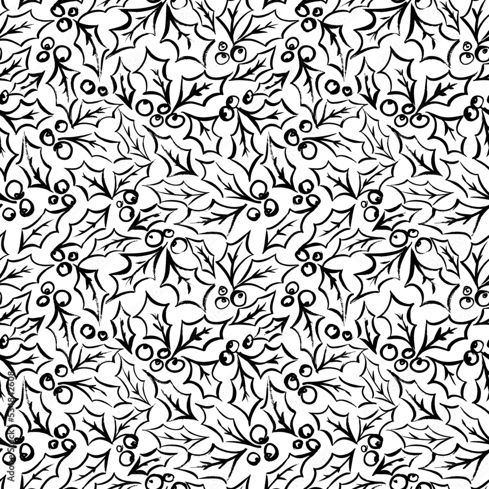 Holiday holly berry seamless pattern. Christmas seamless pattern in hand drawn modern style with brush lines. Vector black sketch holly berries. Decorative winter ornament for New Year holidays. Holiday holly berry seamless pattern. Christmas seamless pattern in hand drawn modern style with brush lines. Vector black sketch holly berries. Decorative winter ornament for New Year holidays.