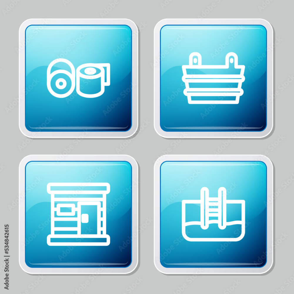 Set line Toilet paper roll, Sauna bucket, wooden bathhouse and Swimming pool with ladder icon. Vector Set line Toilet paper roll, Sauna bucket, wooden bathhouse and Swimming pool with ladder icon. Vector