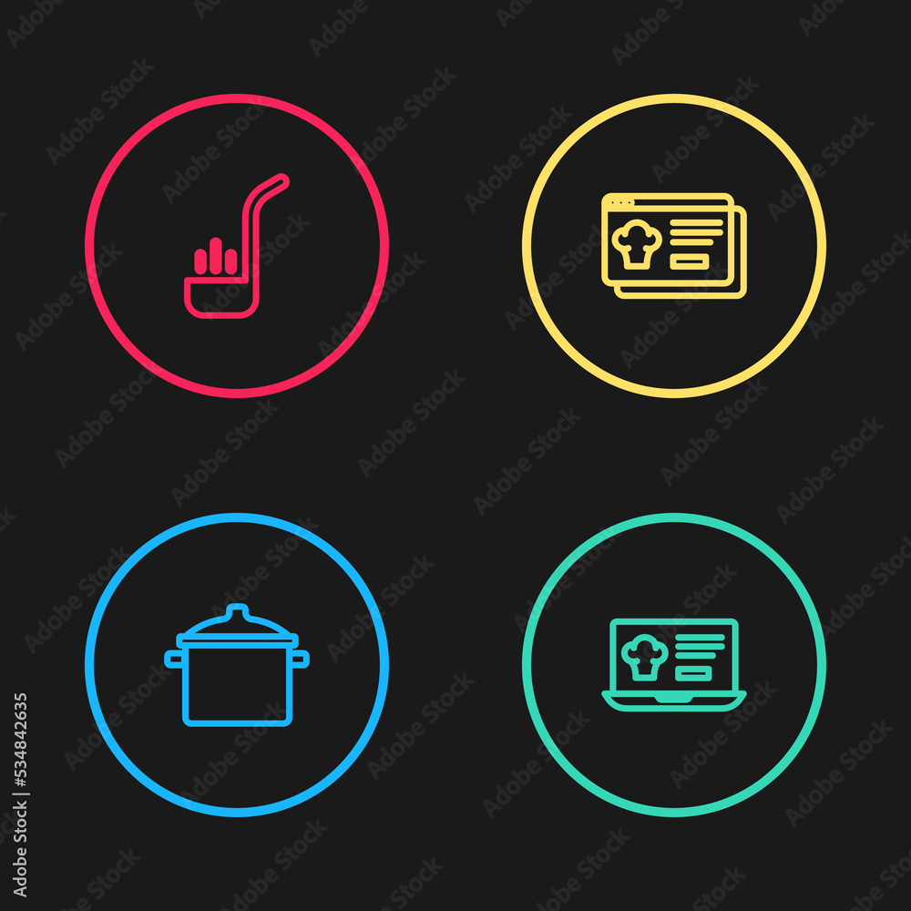 Set line Cooking pot, Online ordering and delivery, and Kitchen ladle icon. Vector Set line Cooking pot, Online ordering and delivery, and Kitchen ladle icon. Vector