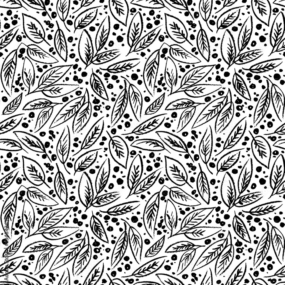 Pencil drawn leaves with veins seamless pattern. Hand drawn sketch style leaves with berries or dots. Abstract botanical print in grunge style. Black charcoal vector elements. Foliage ornament. Pencil drawn leaves with veins seamless pattern. Hand drawn sketch style leaves with berries or dots. Abstract botanical print in grunge style. Black charcoal vector elements. Foliage ornament.
