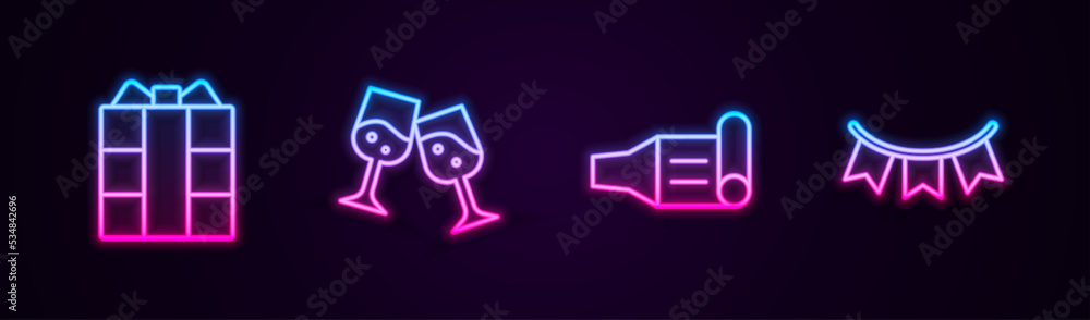 Set line Gift box, Glass of champagne, Birthday party horn and Carnival garland with flags. Glowing neon icon. Vector Set line Gift box, Glass of champagne, Birthday party horn and Carnival garland with flags. Glowing neon icon. Vector