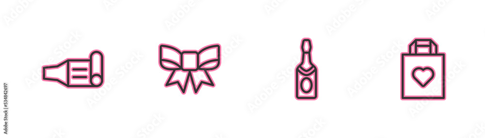 Set line Birthday party horn, Champagne bottle, Gift bow and Shopping bag with heart icon. Vector Set line Birthday party horn, Champagne bottle, Gift bow and Shopping bag with heart icon. Vector
