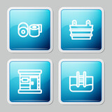 Set line Toilet paper roll, Sauna bucket, wooden bathhouse and Swimming pool with ladder icon. Vector