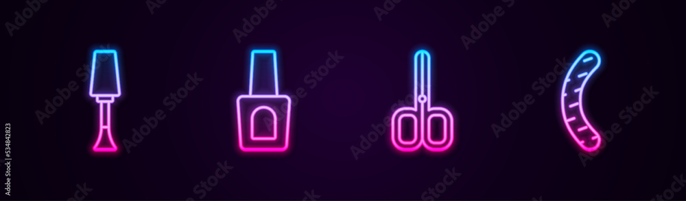 Set line Nail polish, Bottle of nail, scissors and file. Glowing neon icon. Vector Set line Nail polish, Bottle of nail, scissors and file. Glowing neon icon. Vector