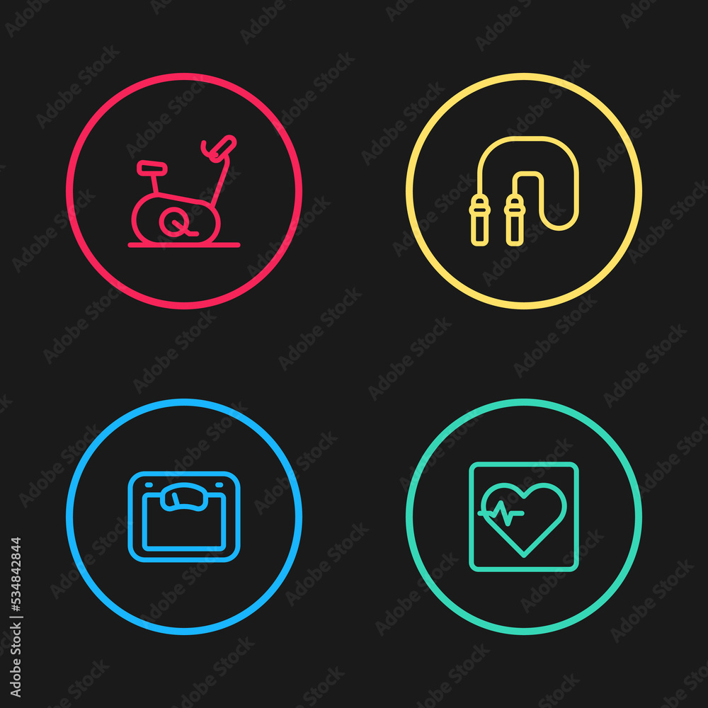 Set line Bathroom scales, Heart rate, Jump rope and Stationary bicycle icon. Vector Set line Bathroom scales, Heart rate, Jump rope and Stationary bicycle icon. Vector