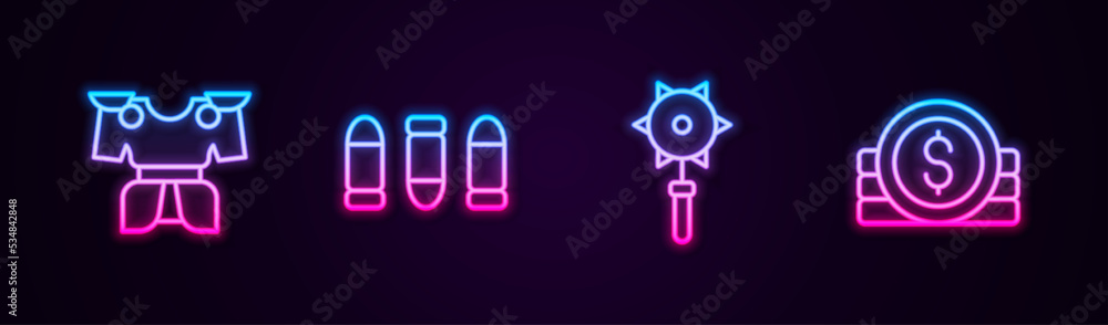 Set line Body armor, Bullet, Medieval chained mace ball and Ancient coin. Glowing neon icon. Vector Set line Body armor, Bullet, Medieval chained mace ball and Ancient coin. Glowing neon icon. Vector