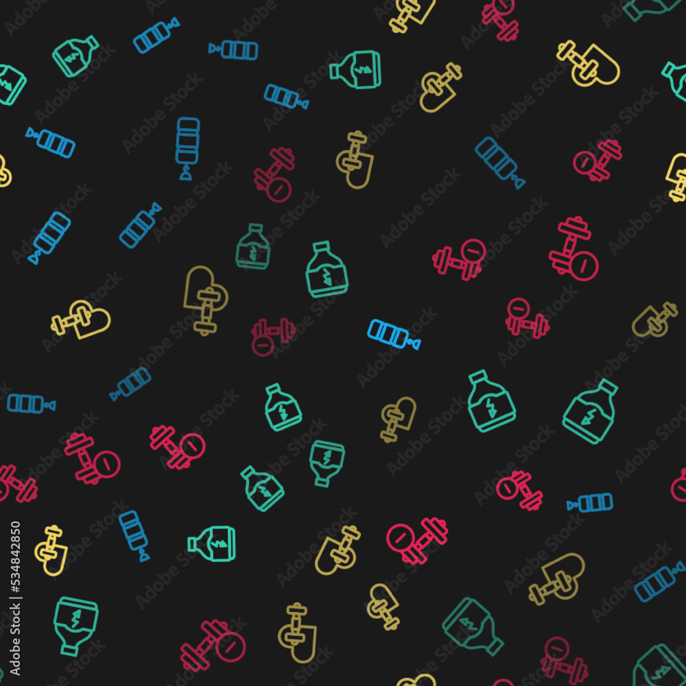 Set line Punching bag, Sports nutrition, Dumbbell with heart and on seamless pattern. Vector