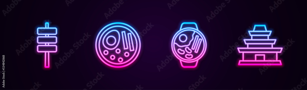 Set line Korean food tokpokki, Ramen, and temple. Glowing neon icon. Vector Set line Korean food tokpokki, Ramen, and temple. Glowing neon icon. Vector