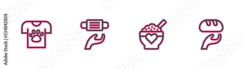 Set line Animal volunteer, Donation food, Medical protective mask and icon. Vector