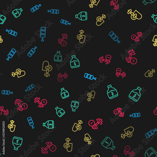 Set line Punching bag, Sports nutrition, Dumbbell with heart and on seamless pattern. Vector