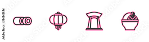 Set line Sushi, Korean gate, lantern and Ramen icon. Vector