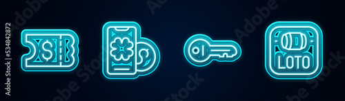 Set line Lottery ticket, Online poker table game, Old key and . Glowing neon icon. Vector